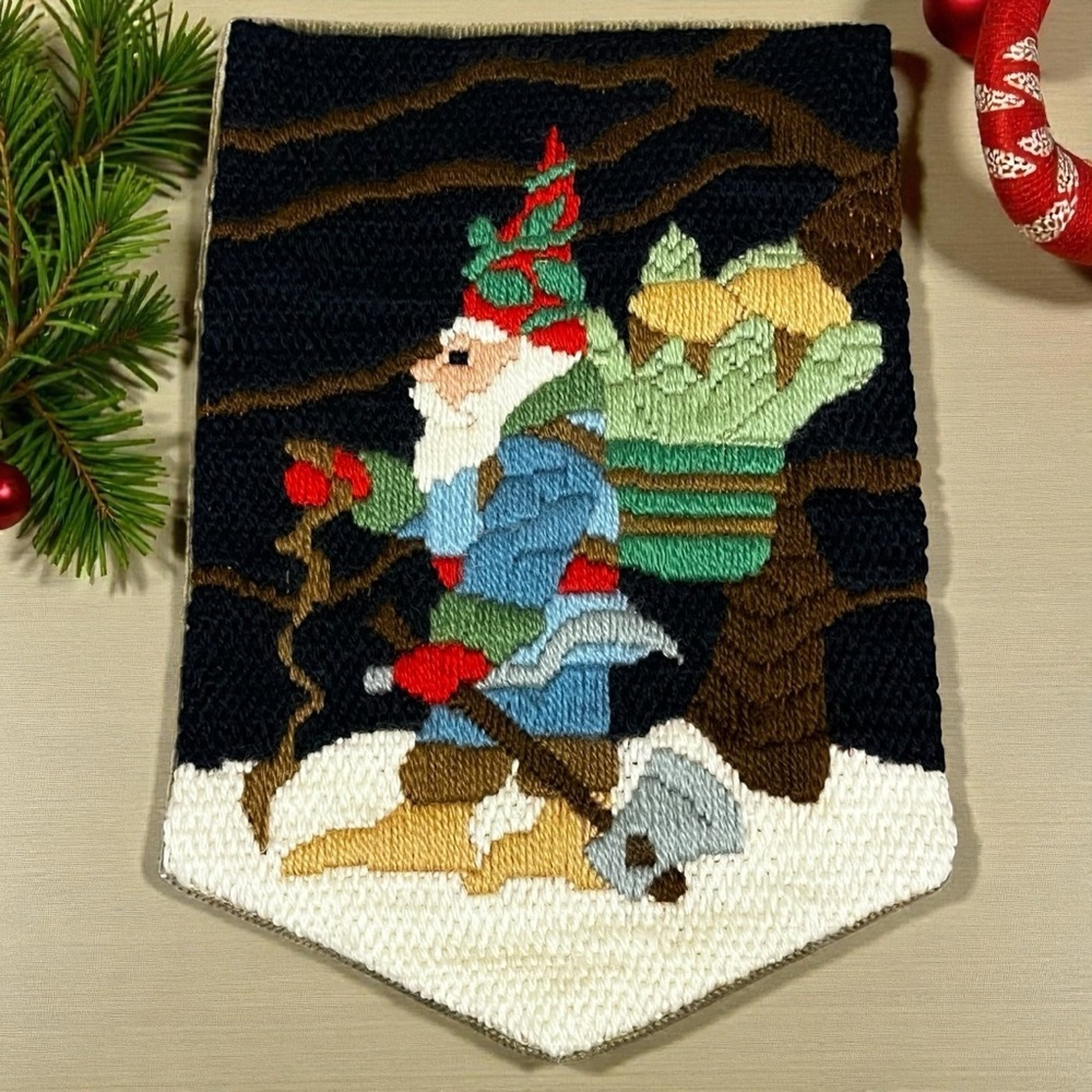 Vintage Tapestrations Christmas Elf Tomte Crewel Embroidery Wall Decor Handmade